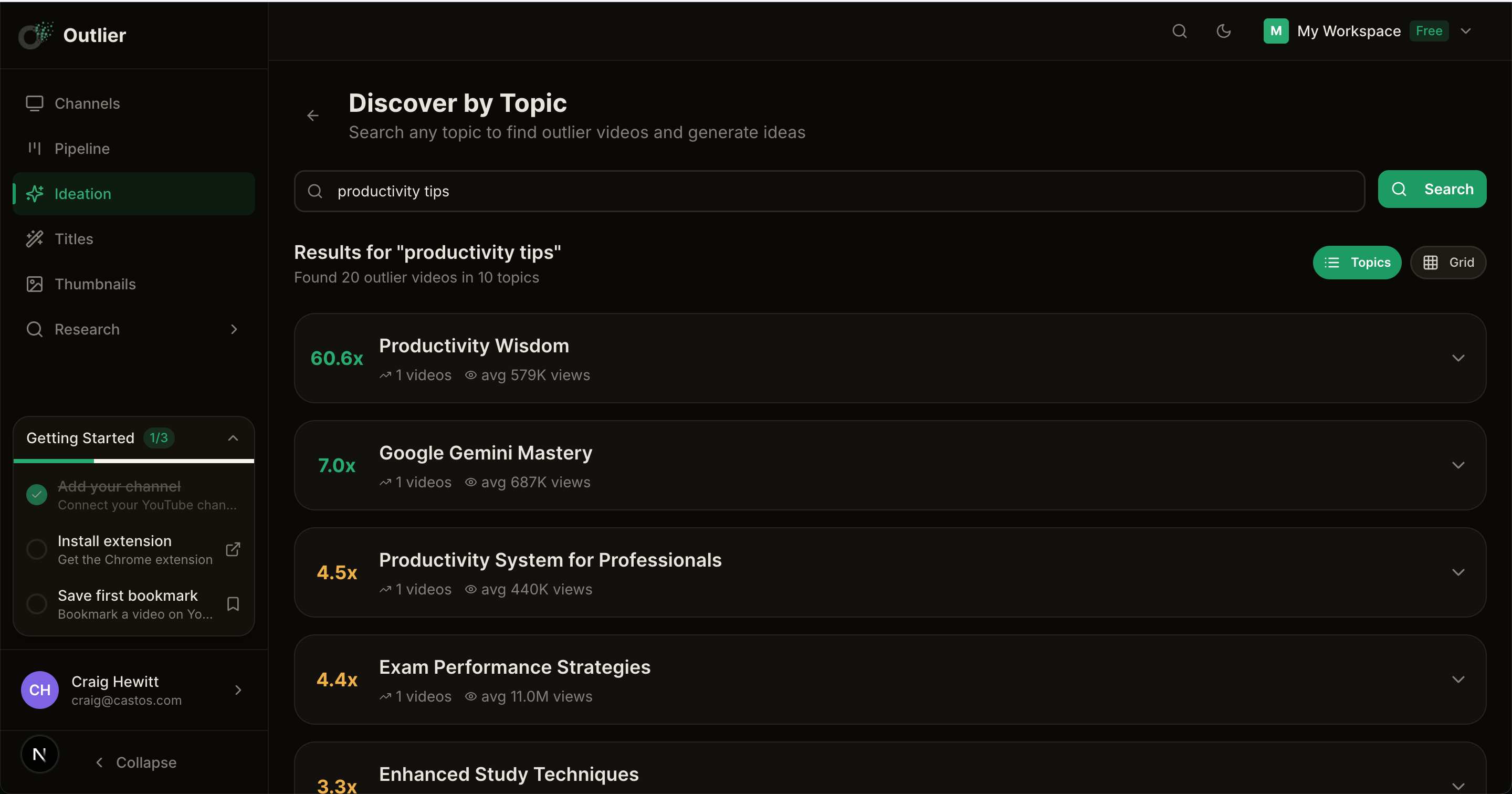 AI Ideas dashboard with personalized video ideas